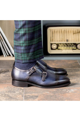 Ambrogio Bespoke Blue Leather Cap-Toe Monk-Straps Loafers (AMB2300)-AmbrogioShoes
