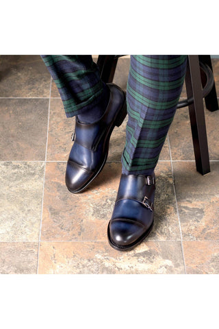 Ambrogio Bespoke Blue Leather Cap-Toe Monk-Straps Loafers (AMB2300)-AmbrogioShoes