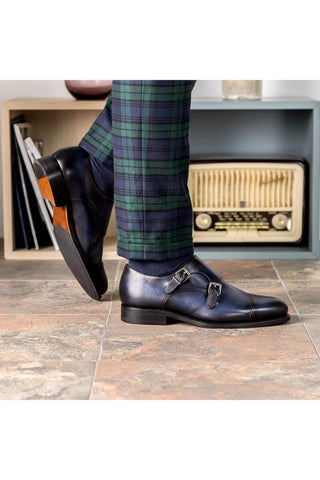 Ambrogio Bespoke Blue Leather Cap-Toe Monk-Straps Loafers (AMB2300)-AmbrogioShoes