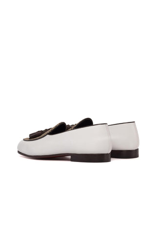 Ambrogio Bespoke Brown & White Leather / Fabric Tassels Belgian Slipper (AMB2283)-AmbrogioShoes