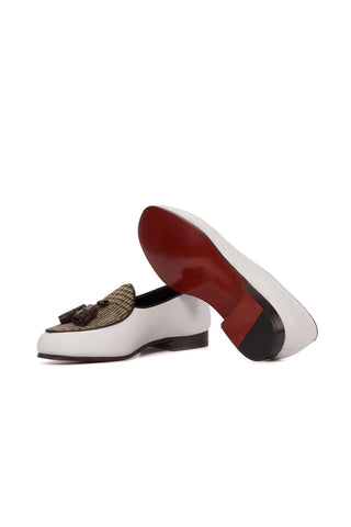 Ambrogio Bespoke Brown & White Leather / Fabric Tassels Belgian Slipper (AMB2283)-AmbrogioShoes