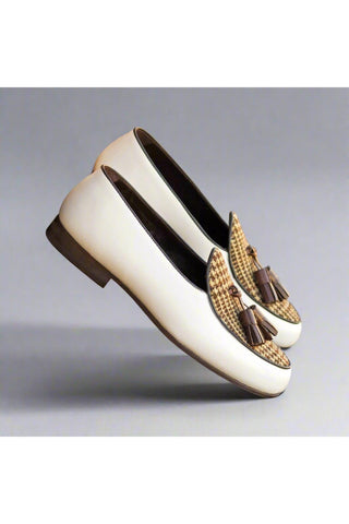 Ambrogio Bespoke Brown & White Leather / Fabric Tassels Belgian Slipper (AMB2283)-AmbrogioShoes