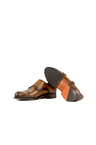 Ambrogio Bespoke Cognac Leather Cap-Toe Monk-Straps Loafers (AMB2301)-AmbrogioShoes