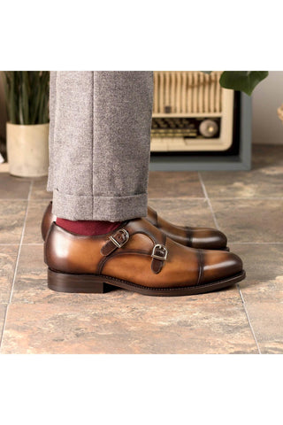 Ambrogio Bespoke Cognac Leather Cap-Toe Monk-Straps Loafers (AMB2301)-AmbrogioShoes