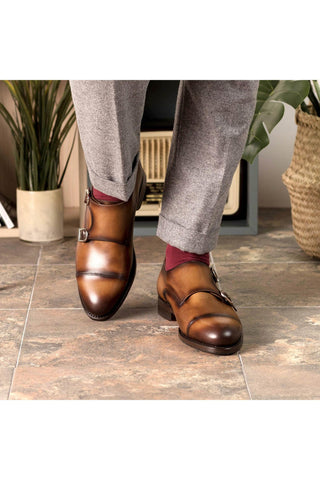 Ambrogio Bespoke Cognac Leather Cap-Toe Monk-Straps Loafers (AMB2301)-AmbrogioShoes