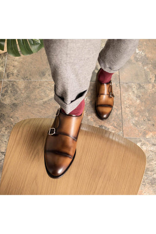 Ambrogio Bespoke Cognac Leather Cap-Toe Monk-Straps Loafers (AMB2301)-AmbrogioShoes