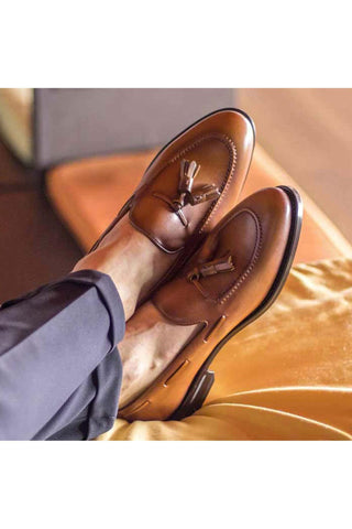 Ambrogio Bespoke Cognac Leather Tassels Loafers (AMB2269)-AmbrogioShoes