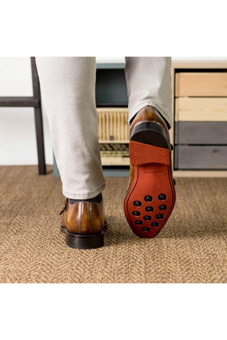 Ambrogio Bespoke Cognac Patina Leather Monk-Straps Loafers (AMB2397)-AmbrogioShoes