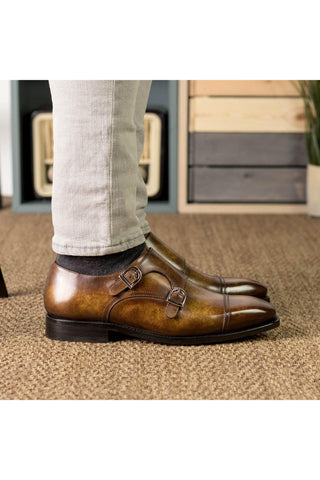 Ambrogio Bespoke Cognac Patina Leather Monk-Straps Loafers (AMB2397)-AmbrogioShoes