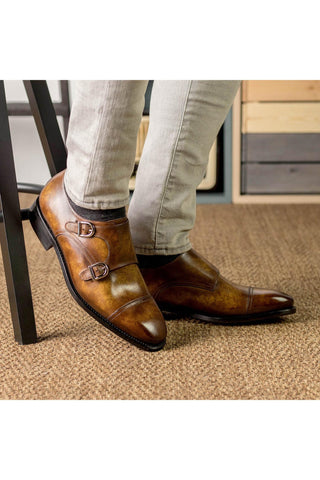 Ambrogio Bespoke Cognac Patina Leather Monk-Straps Loafers (AMB2397)-AmbrogioShoes