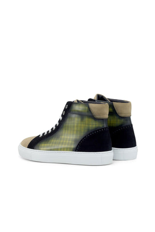 Ambrogio Bespoke Custom Black, Camel & Khaki Suede / Patina Leather High-Top Sneakers (AMB2218)-AmbrogioShoes