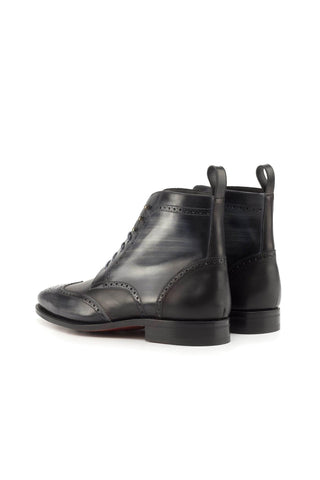 Ambrogio Bespoke Custom Black & Gray Patina Leather Military Brogue Boots (AMB2216)-AmbrogioShoes