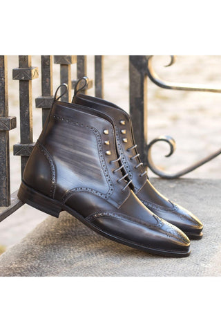 Ambrogio Bespoke Custom Black & Gray Patina Leather Military Brogue Boots (AMB2216)-AmbrogioShoes