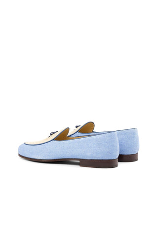 Ambrogio Bespoke Custom Blue & Beige Linen Fabric Belgian Loafers (AMB2191)-AmbrogioShoes