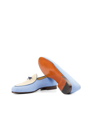 Ambrogio Bespoke Custom Blue & Beige Linen Fabric Belgian Loafers (AMB2191)-AmbrogioShoes