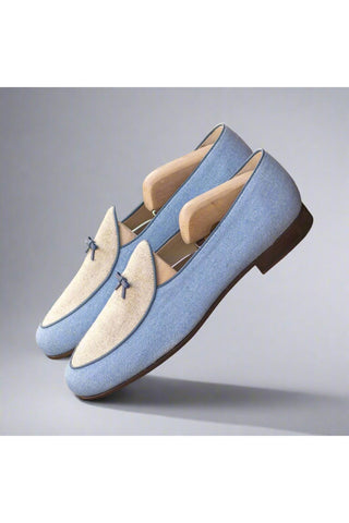Ambrogio Bespoke Custom Blue & Beige Linen Fabric Belgian Loafers (AMB2191)-AmbrogioShoes