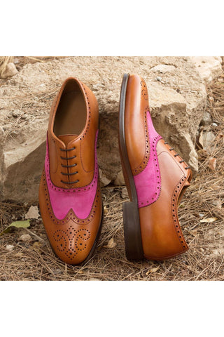 Ambrogio Bespoke Custom Cognac & Fuschia Suede / Leather Full Brogue Oxfords (AMB2152)-AmbrogioShoes