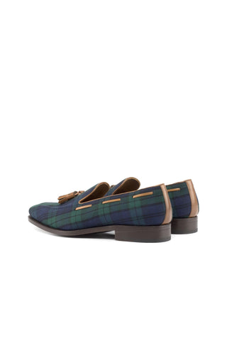 Ambrogio Bespoke Custom Green, Blue & Brown Blackwatch Fabric / Box Leather Tassel Loafers (AMB2197)-AmbrogioShoes