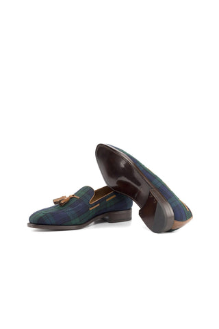 Ambrogio Bespoke Custom Green, Blue & Brown Blackwatch Fabric / Box Leather Tassel Loafers (AMB2197)-AmbrogioShoes
