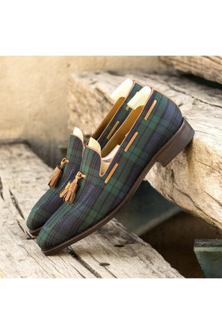 Ambrogio Bespoke Custom Green, Blue & Brown Blackwatch Fabric / Box Leather Tassel Loafers (AMB2197)-AmbrogioShoes