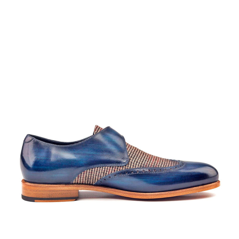 Ambrogio Bespoke Custom Men's Shoes Beige & Denim Fabric / Patina Leather Monk-Strap Loafers (AMB1981)-AmbrogioShoes