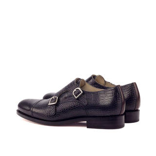 Ambrogio Bespoke Custom Men's Shoes Black & Burgundy Crocodile Print / Polished Leather Monk-Straps Loafers (AMB1930)-AmbrogioShoes
