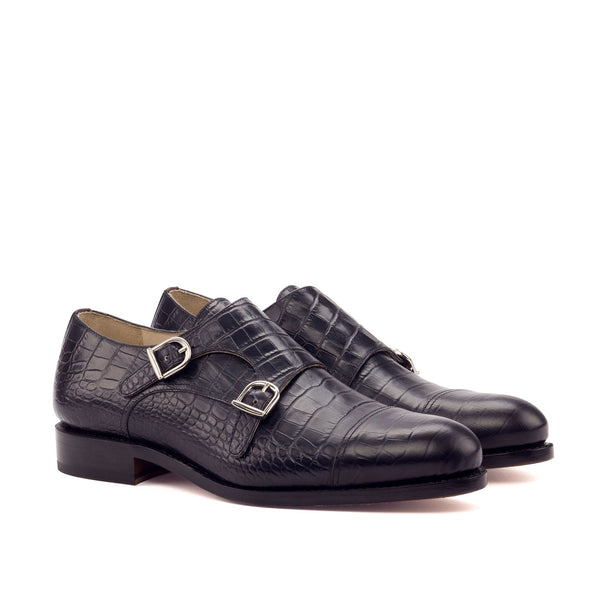 Ambrogio Bespoke Custom Men's Shoes Black & Burgundy Crocodile Print / Polished Leather Monk-Straps Loafers (AMB1930)-AmbrogioShoes