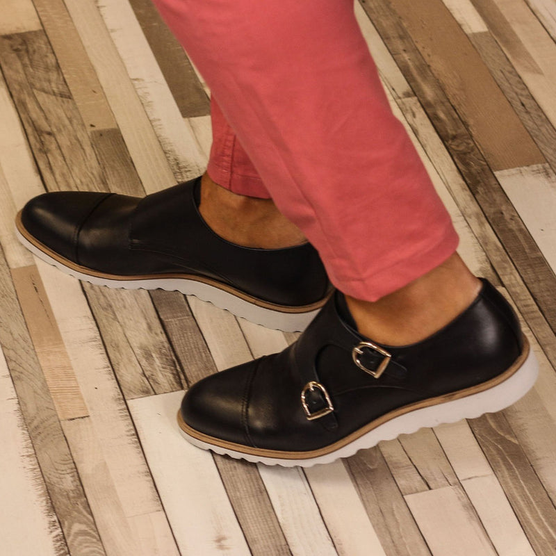 Ambrogio 1996 Bespoke Custom Men's Shoes Black Calf-Skin Leather Monk-Straps Loafers (AMB1890)-AmbrogioShoes