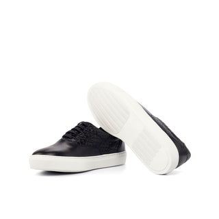 Ambrogio Bespoke Custom Men's Shoes Black Crocodile Print / Calf-Skin Leather Casual Sneakers (AMB1988)-AmbrogioShoes