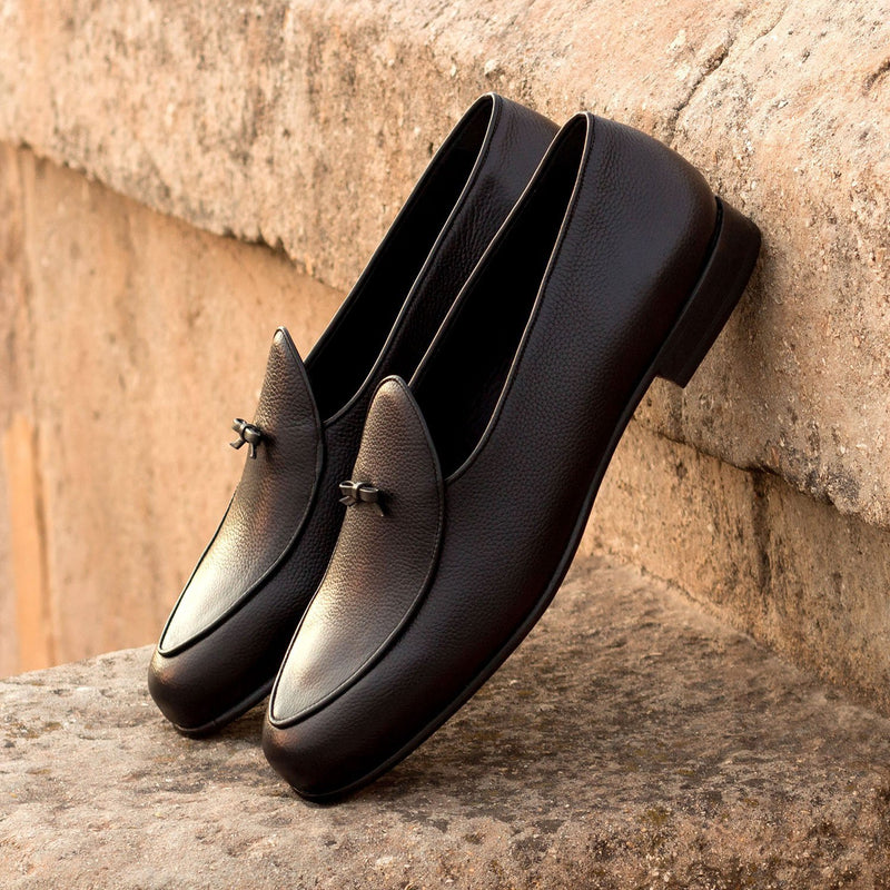 Ambrogio Bespoke Custom Men's Shoes Black Full Grain / Calf-Skin Leather Belgian Loafers (AMB1976)-AmbrogioShoes