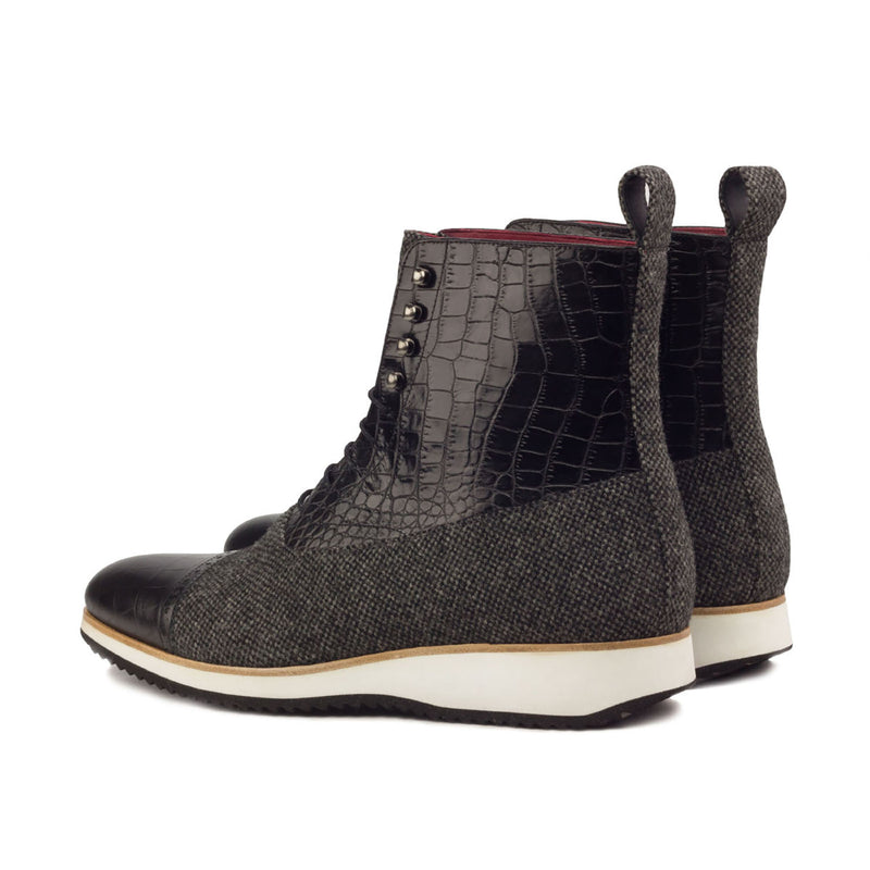 Ambrogio Bespoke Custom Men's Shoes Black & Gray Fabric / Crocodile Print Leather Balmoral Boots (AMB2128)-AmbrogioShoes