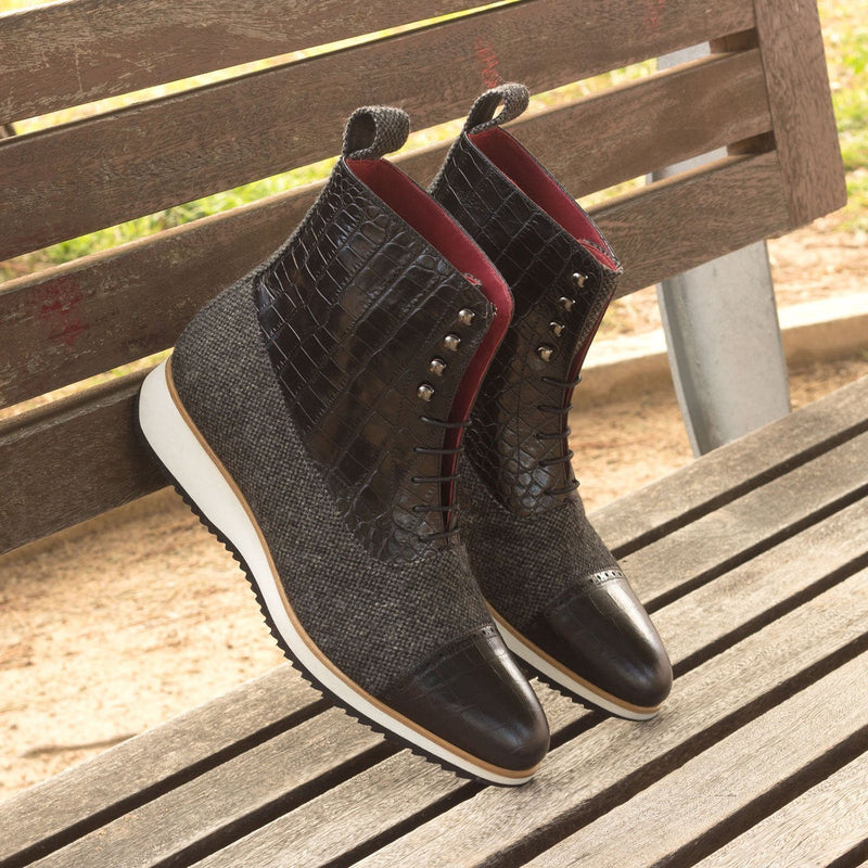 Ambrogio Bespoke Custom Men's Shoes Black & Gray Fabric / Crocodile Print Leather Balmoral Boots (AMB2128)-AmbrogioShoes