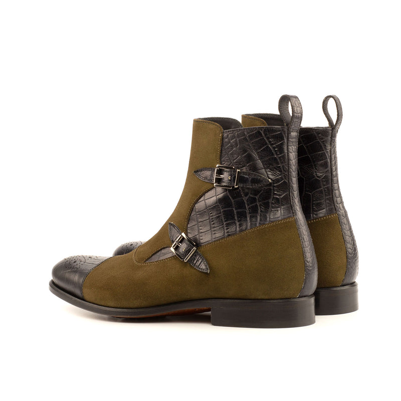 Ambrogio Bespoke Custom Men's Shoes Black & Khaki Crocodile Print / Suede Leather Buckle Boots (AMB1996)-AmbrogioShoes