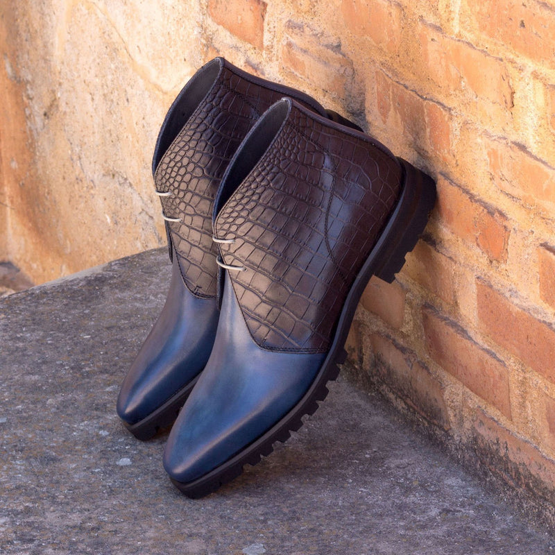 Ambrogio 2842 Bespoke Custom Men's Shoes Black & Navy Crocodile Print / Calf-Skin Leather Chukka Boots (AMB1882)-AmbrogioShoes