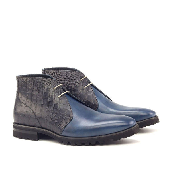 Ambrogio 2842 Bespoke Custom Men's Shoes Black & Navy Crocodile Print / Calf-Skin Leather Chukka Boots (AMB1882)-AmbrogioShoes