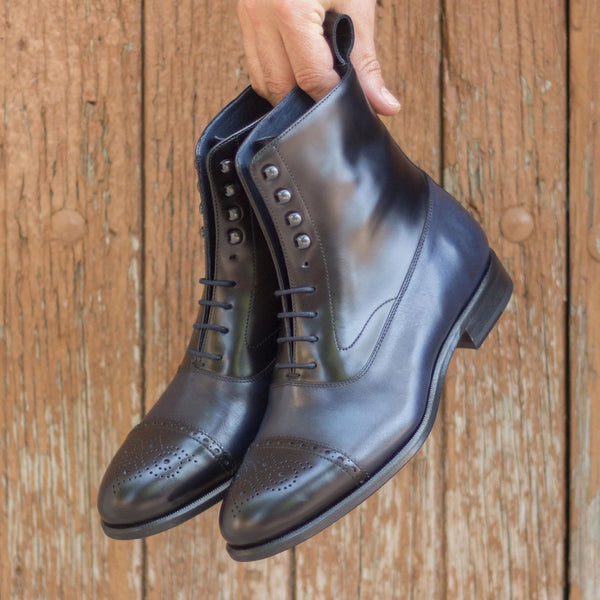 Ambrogio 2135 Bespoke Custom Men's Shoes Black & Navy Polished / Calf-Skin Leather Balmoral Boots (AMB1878)-AmbrogioShoes