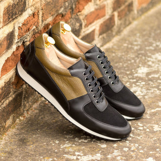 Ambrogio Bespoke Custom Men's Shoes Black & Olive Suede / Polished / Pebble Grain Leather Corsini Sneakers (AMB2182)-AmbrogioShoes