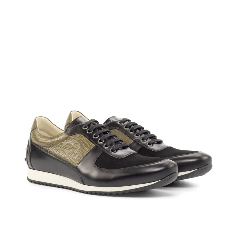 Ambrogio Bespoke Custom Men's Shoes Black & Olive Suede / Polished / Pebble Grain Leather Corsini Sneakers (AMB2182)-AmbrogioShoes