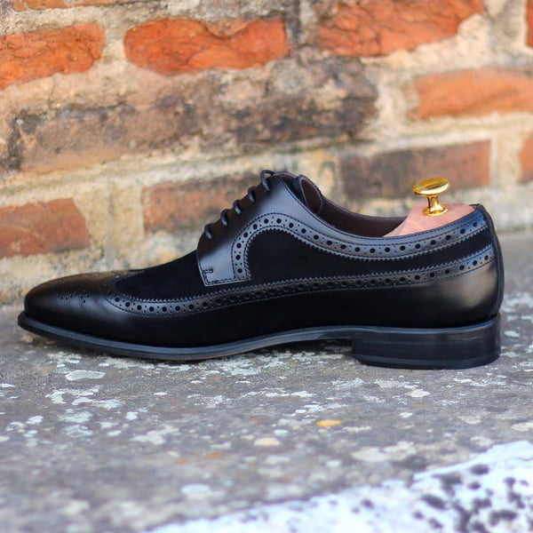Ambrogio Bespoke Custom Men's Shoes Black Suede / Polished Calf-Skin Leather Longwing Blucher Oxfords (AMB2172)-AmbrogioShoes
