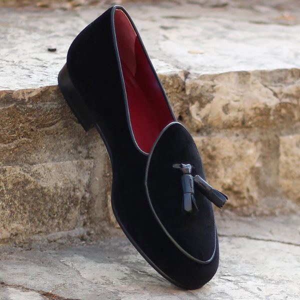 Ambrogio Bespoke Custom Men's Shoes Black Velvet Tassels Loafers (AMB1975)-AmbrogioShoes