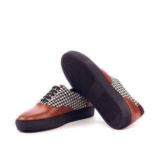 Ambrogio Bespoke Custom Men's Shoes Black, White & Cognac Fabric / Suede / Calf-Skin Leather Sneakers (AMB1916)-AmbrogioShoes