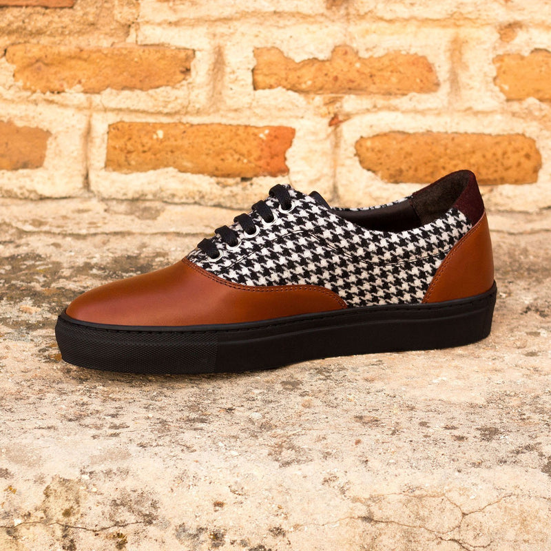Ambrogio Bespoke Custom Men's Shoes Black, White & Cognac Fabric / Suede / Calf-Skin Leather Sneakers (AMB1916)-AmbrogioShoes