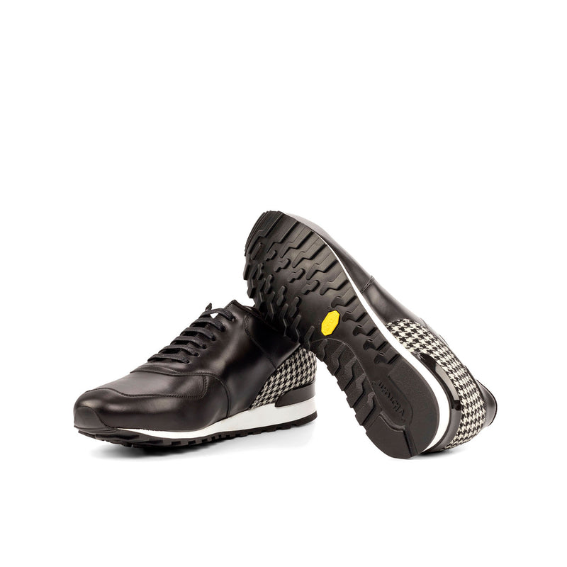 Ambrogio Bespoke Custom Men's Shoes Black & White Fabric / Calf-Skin Leather Sneakers (AMB1910)-AmbrogioShoes