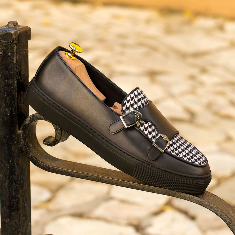 Ambrogio Bespoke Custom Men's Shoes Black & White Fabric / Polished / Calf-Skin Leather Monk-Straps Casual Sneakers (AMB1998)-AmbrogioShoes