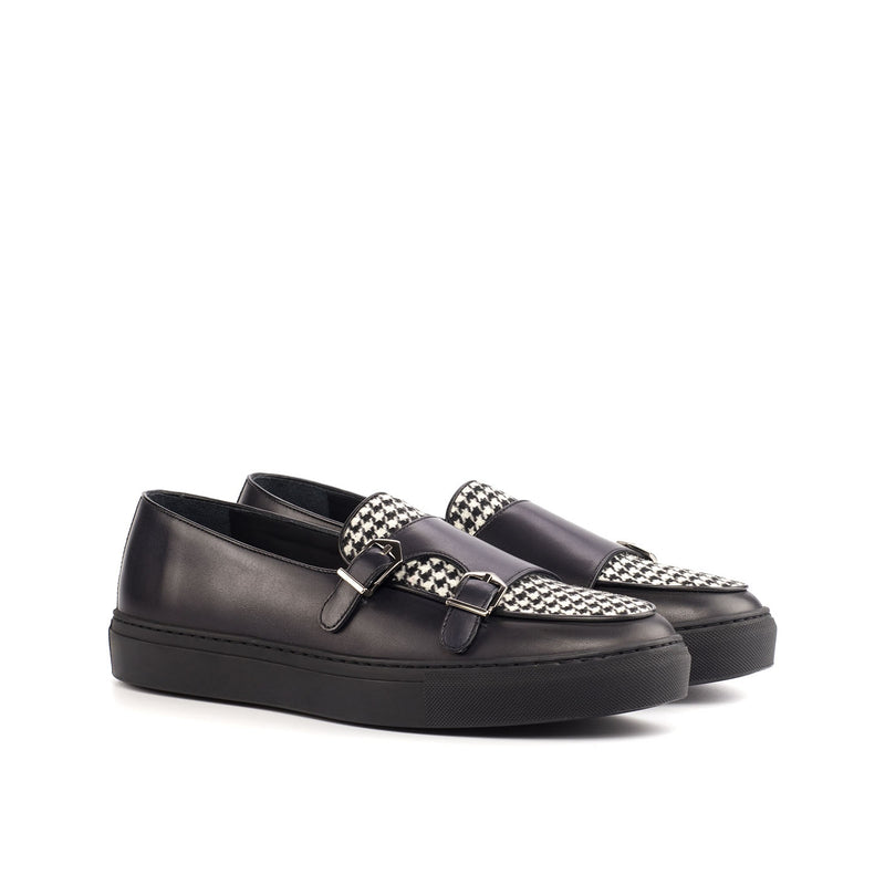 Ambrogio Bespoke Custom Men's Shoes Black & White Fabric / Polished / Calf-Skin Leather Monk-Straps Casual Sneakers (AMB1998)-AmbrogioShoes