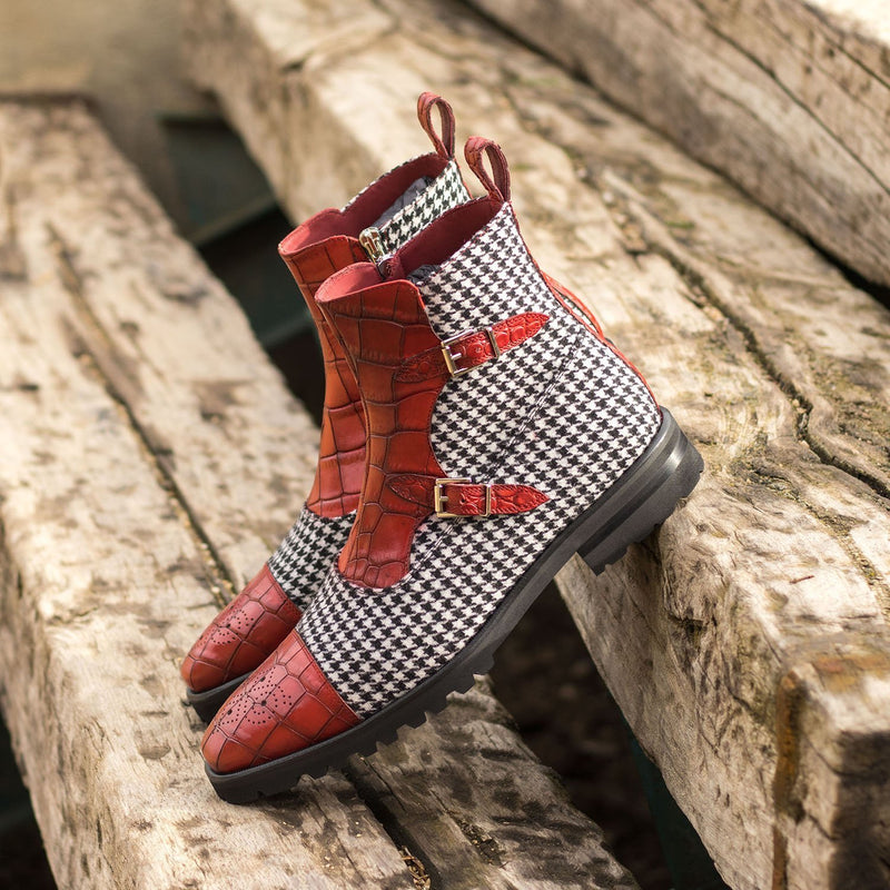 Ambrogio Bespoke Custom Men's Shoes Black, White & Red Fabric / Crocodile Print / Calf-Skin Leather Buckle Boots (AMB1968)-AmbrogioShoes