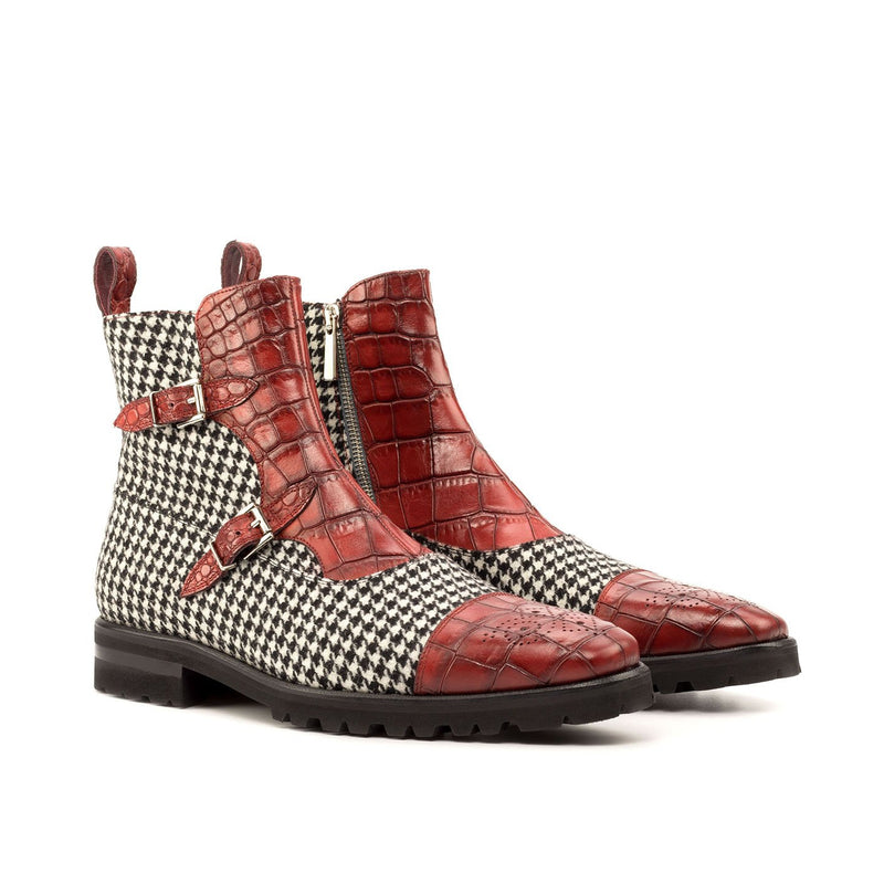 Ambrogio Bespoke Custom Men's Shoes Black, White & Red Fabric / Crocodile Print / Calf-Skin Leather Buckle Boots (AMB1968)-AmbrogioShoes