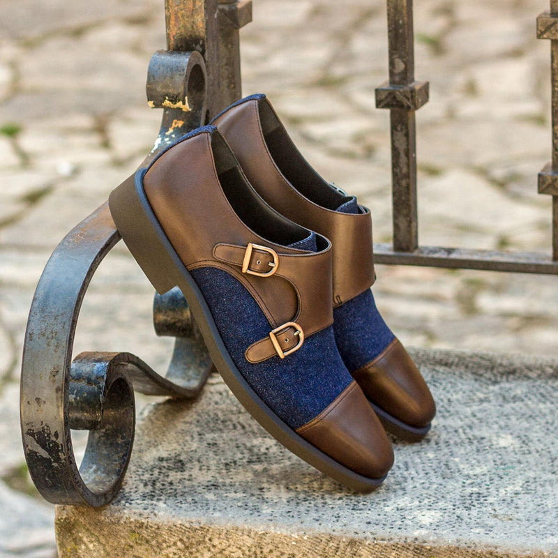 Ambrogio 2995 Bespoke Custom Men's Shoes Blue Jeans & Brown Fabric / Calf-Skin Leather Oxfords (AMB1894)-AmbrogioShoes