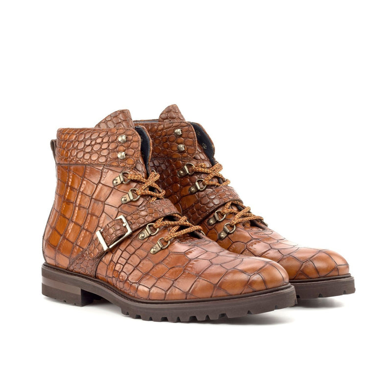 Ambrogio Bespoke Custom Men's Shoes Brown Crocodile Print Leather Hiking Boots (AMB2178)-AmbrogioShoes