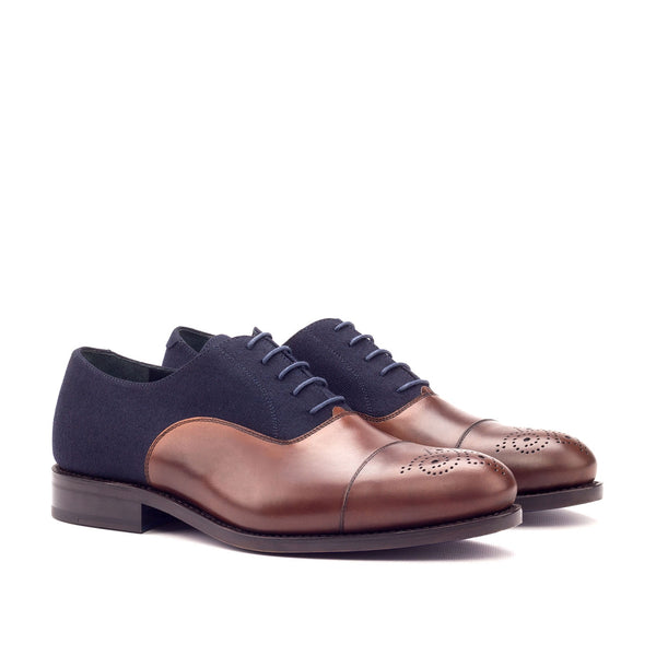 Ambrogio Bespoke Custom Men's Shoes Brown & Navy Fabric / Calf-Skin Leather Oxfords (AMB1994)-AmbrogioShoes